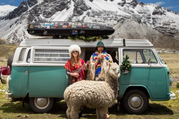 A couple standing in between a campervan and a lamma