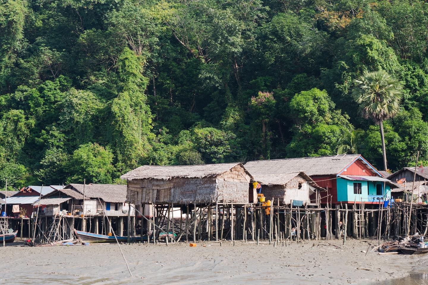wooden houses on stilts on the beach in front of a forest