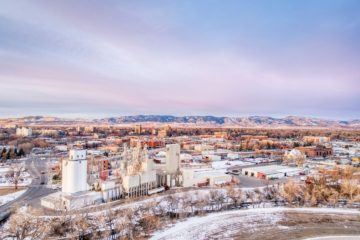 aerial view of fort collins downtown at sunset
