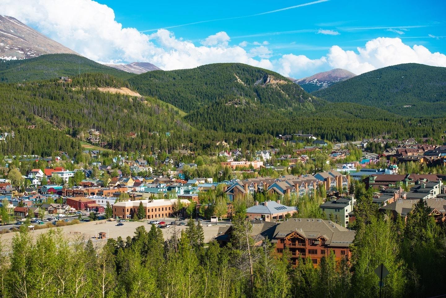 Wide view of Breckenridge town and surrounding mountains